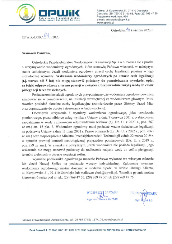 Komunikat dla Odbiorców usług posiadających wodomierze ogrodowe